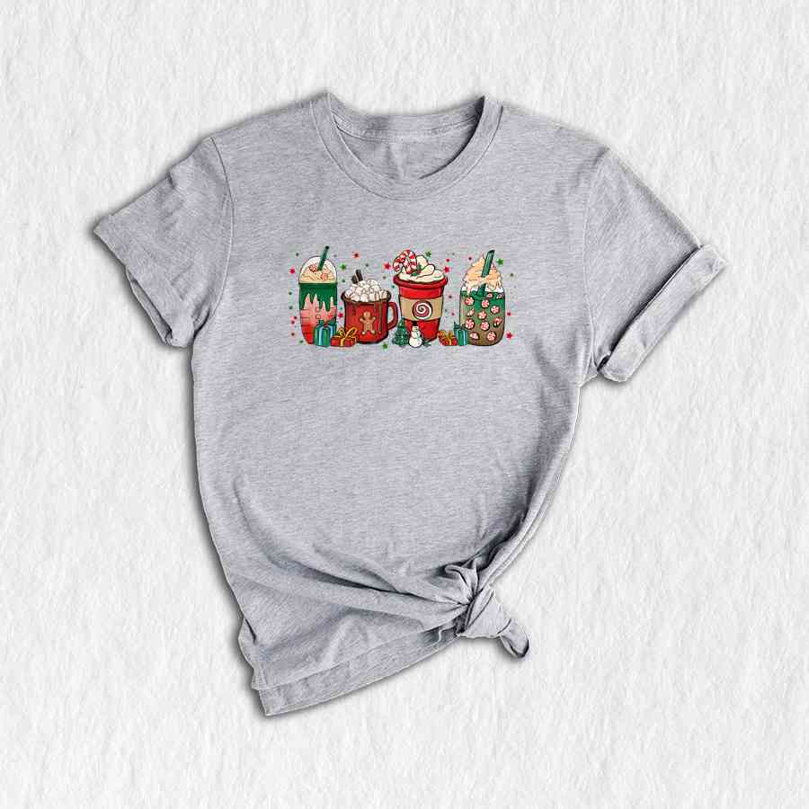 Christmas Coffee Cups T-Shirt, Peppermint Iced Latte Teem, Cozy Winter Shirt, Christmas Gifts For Coffee Lovers