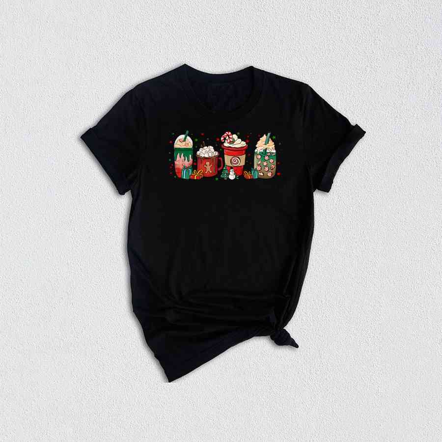 Christmas Coffee Cups T-Shirt, Peppermint Iced Latte Teem, Cozy Winter Shirt, Christmas Gifts For Coffee Lovers