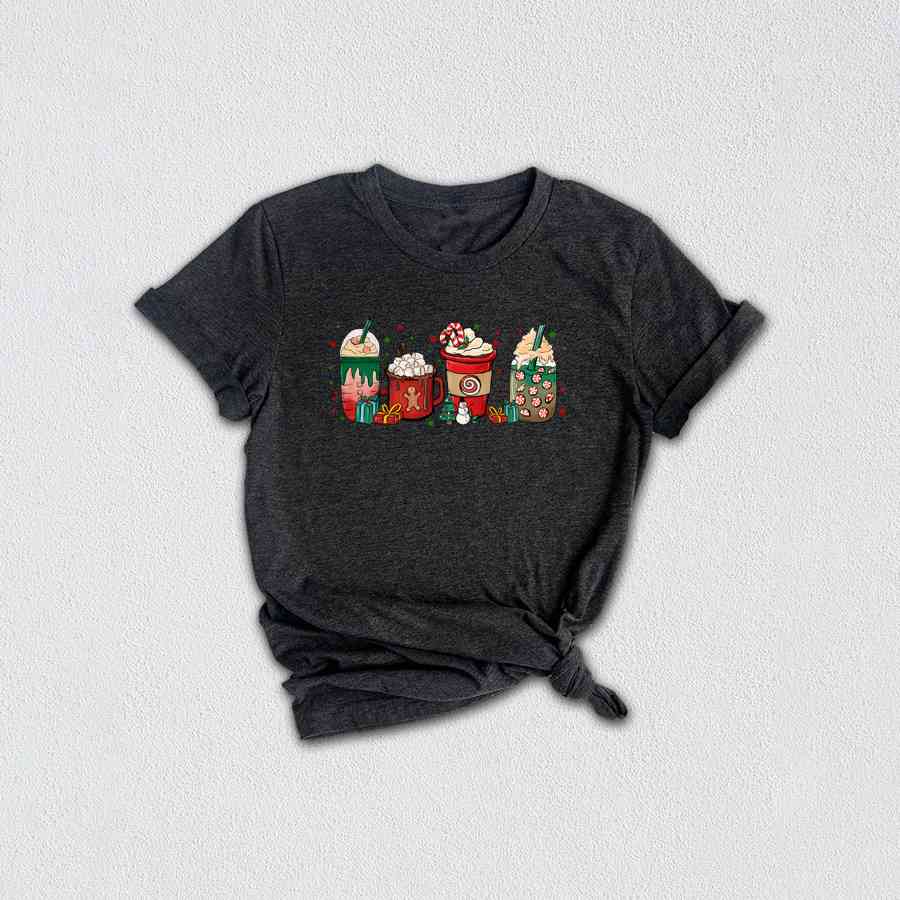 Christmas Coffee Cups T-Shirt, Peppermint Iced Latte Teem, Cozy Winter Shirt, Christmas Gifts For Coffee Lovers