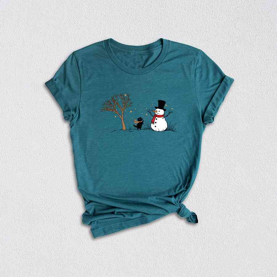 Christmas Snowman & Cat T-Shirt, Christmas Tree Shirt, Cute Snowman Tee, Cat Lover Christmas Gifts, Holiday Season Shirts