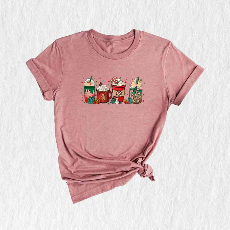 Christmas Coffee Cups T-Shirt, Peppermint Iced Latte Teem, Cozy Winter Shirt, Christmas Gifts For Coffee Lovers