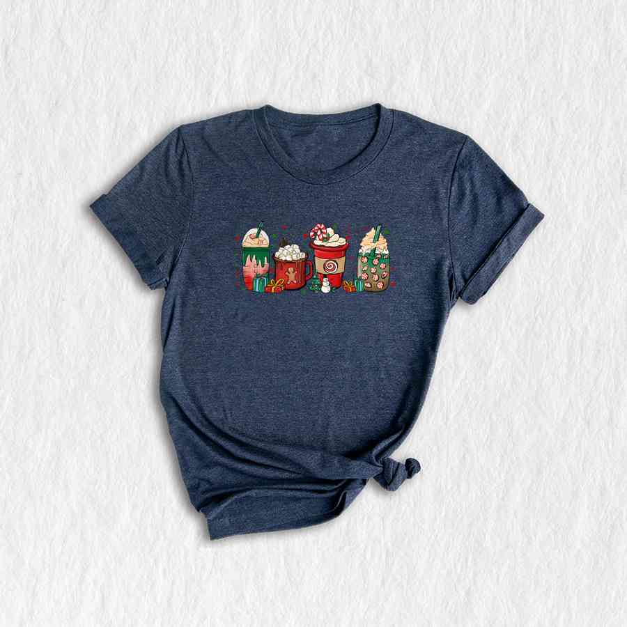 Christmas Coffee Cups T-Shirt, Peppermint Iced Latte Teem, Cozy Winter Shirt, Christmas Gifts For Coffee Lovers