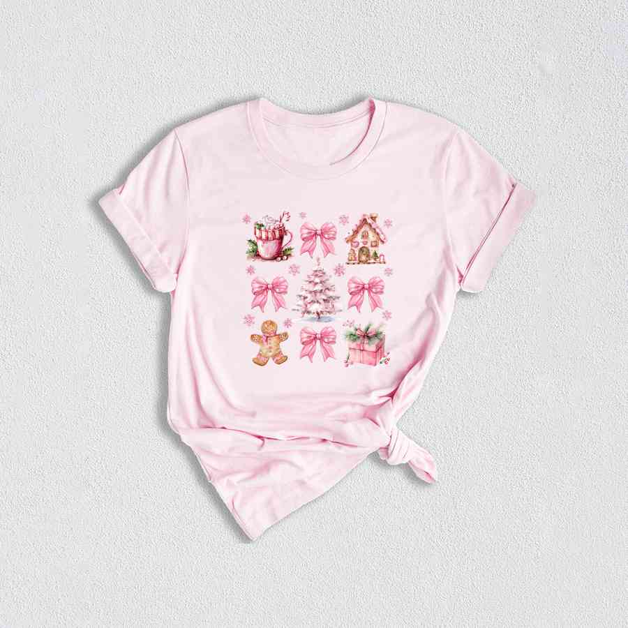 Coquette Pink Christmas T-Shirt, Pink Bow Christmas Shirt, Christmas Cookie Shirt, Cute Christmas Shirt, Vintage Christmas Gifts