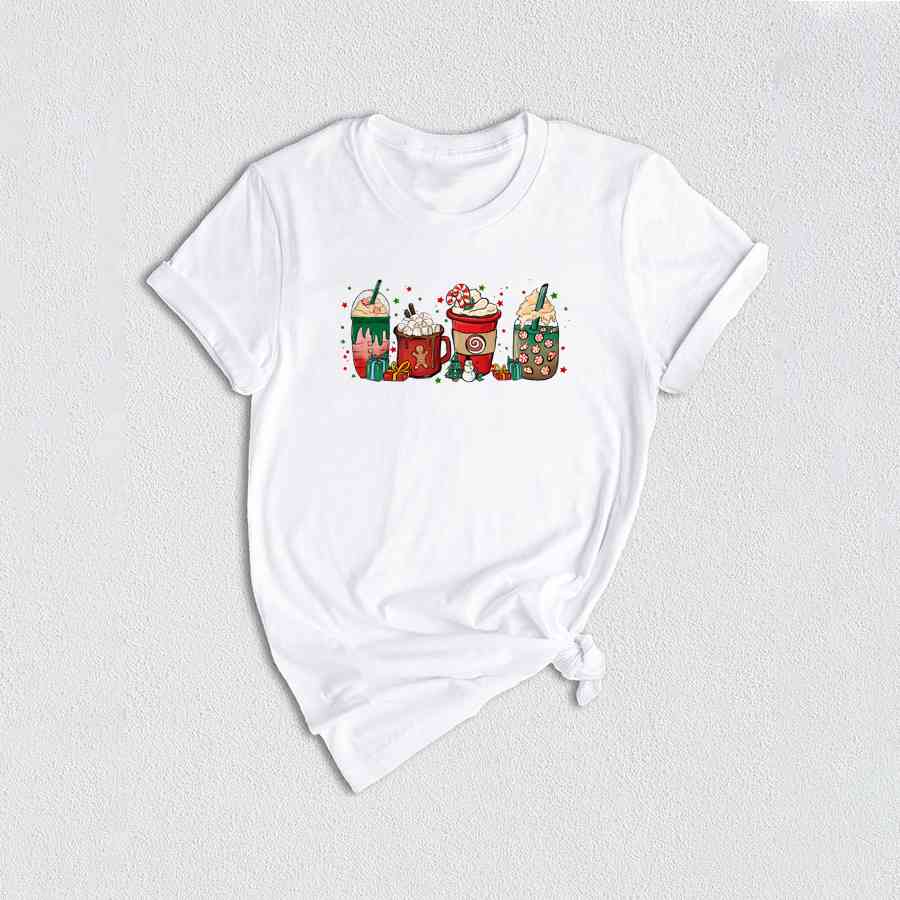 Christmas Coffee Cups T-Shirt, Peppermint Iced Latte Teem, Cozy Winter Shirt, Christmas Gifts For Coffee Lovers