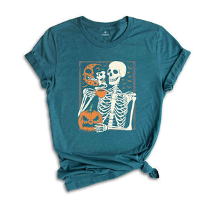 Skeleton Pumpkin T-Shirt, Coffee Lover Skeleton Shirt, Fall Coffee Shirt, Retro Halloween Shirt, Halloween Gifts For Coffee Lovers