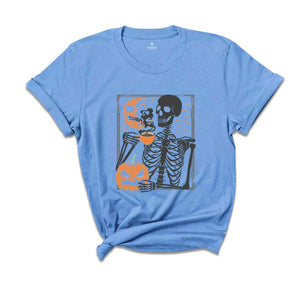 Skeleton Pumpkin T-Shirt, Coffee Lover Skeleton Shirt, Fall Coffee Shirt, Retro Halloween Shirt, Halloween Gifts For Coffee Lovers