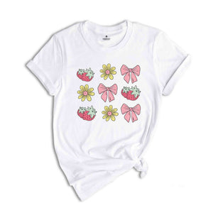 Summer Vibes Shirt, Floral Pink Bows Strawberry Shirt, Cute Summer Shirt, Summer Trendy Tee, Cottegecore Shirt