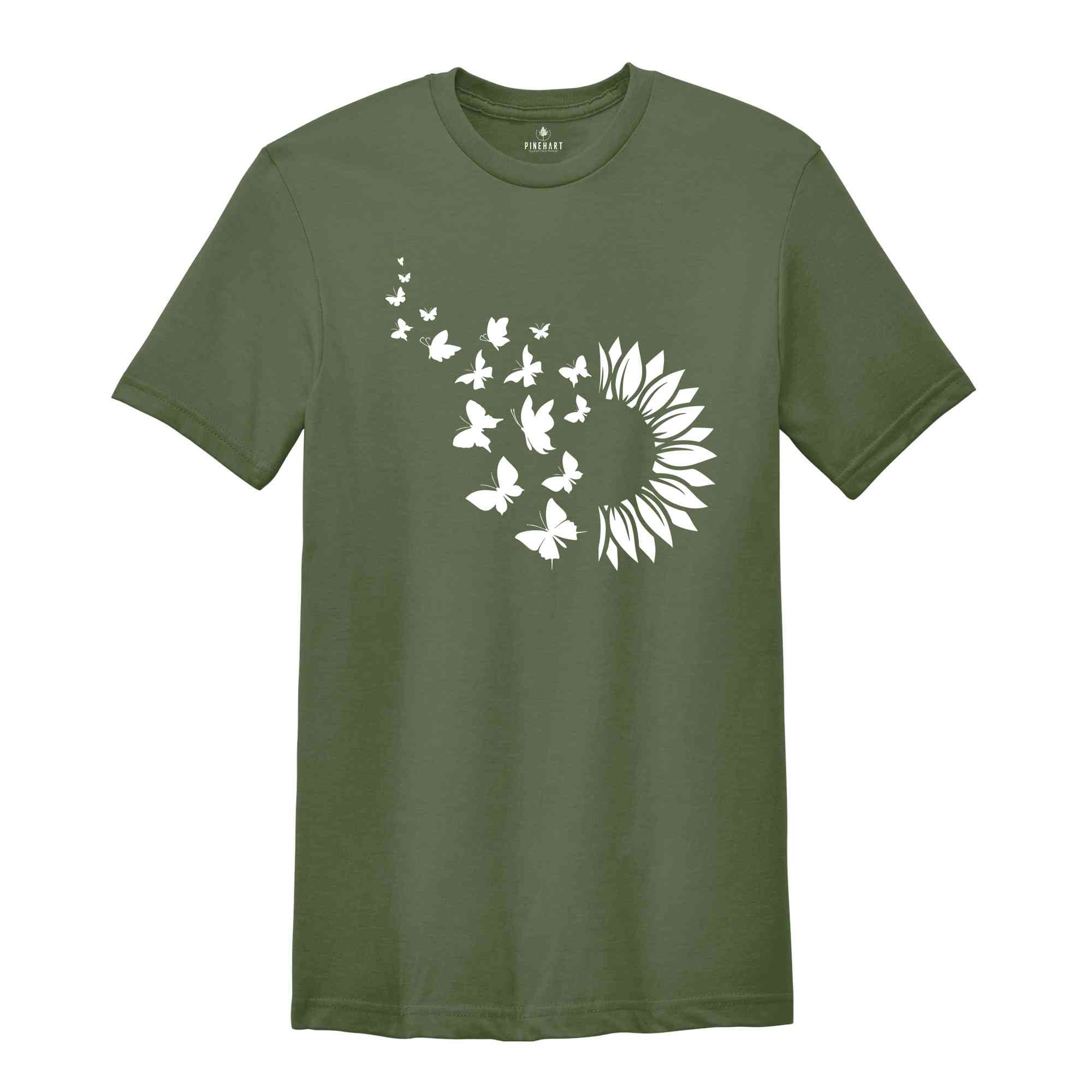 Sunflower Butterfly T-Shirt, Butterfly Tee, Sunflower Shirt, Floral Tee, Nature Lover Shirt, Botanical Tee