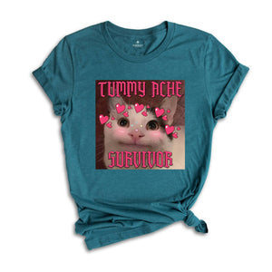 Tummy Ache Survivor Funny Cat Meme T-shirt, Goofy Ahh Cats Tee , Trendy Summer Shirt, Ironic Cat T-shirt, Silly Stupid Cat Shirt