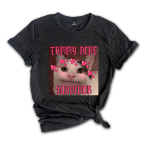 Tummy Ache Survivor Funny Cat Meme T-shirt, Goofy Ahh Cats Tee , Trendy Summer Shirt, Ironic Cat T-shirt, Silly Stupid Cat Shirt