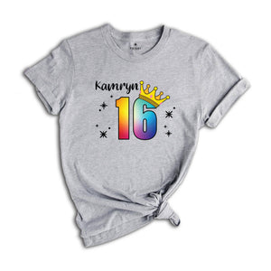 Personalized Names 16 Birthday Shirt, Crown 16th Birthday Shirt, Rainbow Birthday Shirt, Birthday Party Shirt, Toddler Birthday Shirt