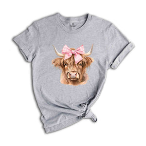 Pink Bow Cowgirl Highland Cow Heifer T-Shirt, Coquette Bow Highland Cow Shirt, Cowgirl Tee, Western Cow Shirt