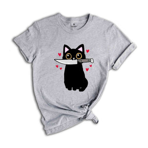 Black Cat With Knife Shirt, Funny Black Cat Shirt, Funny Cat Gift, Cat Lover Shirt, Murderous Cat Tee, Funny Black Tshirt