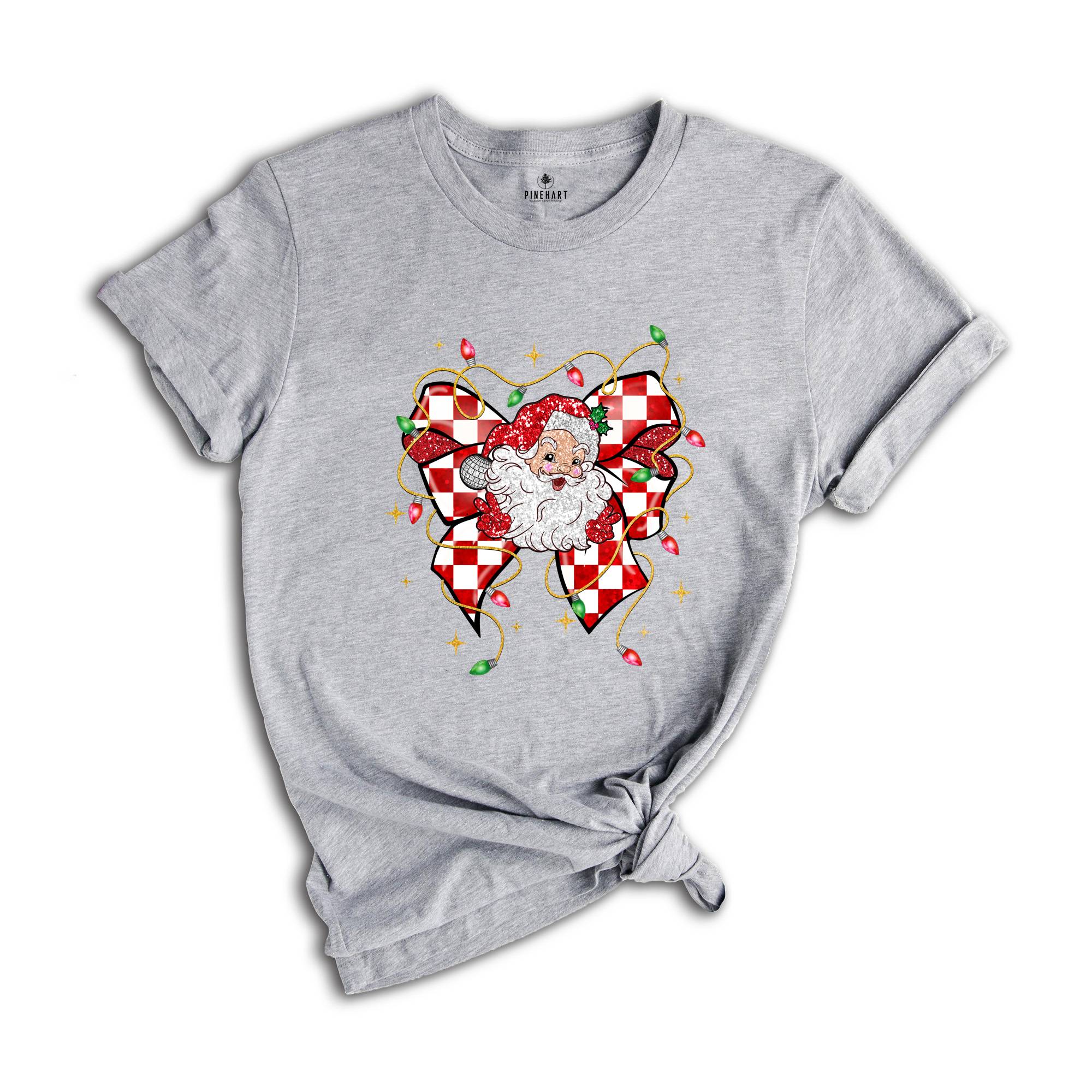 Christmas Coquette Bow Santa Shirt, Santa Christmas Shirt, Santa Claus Shirt, Christmas Lights Shirt, Cute Christmas Gift, Xmas Shirt