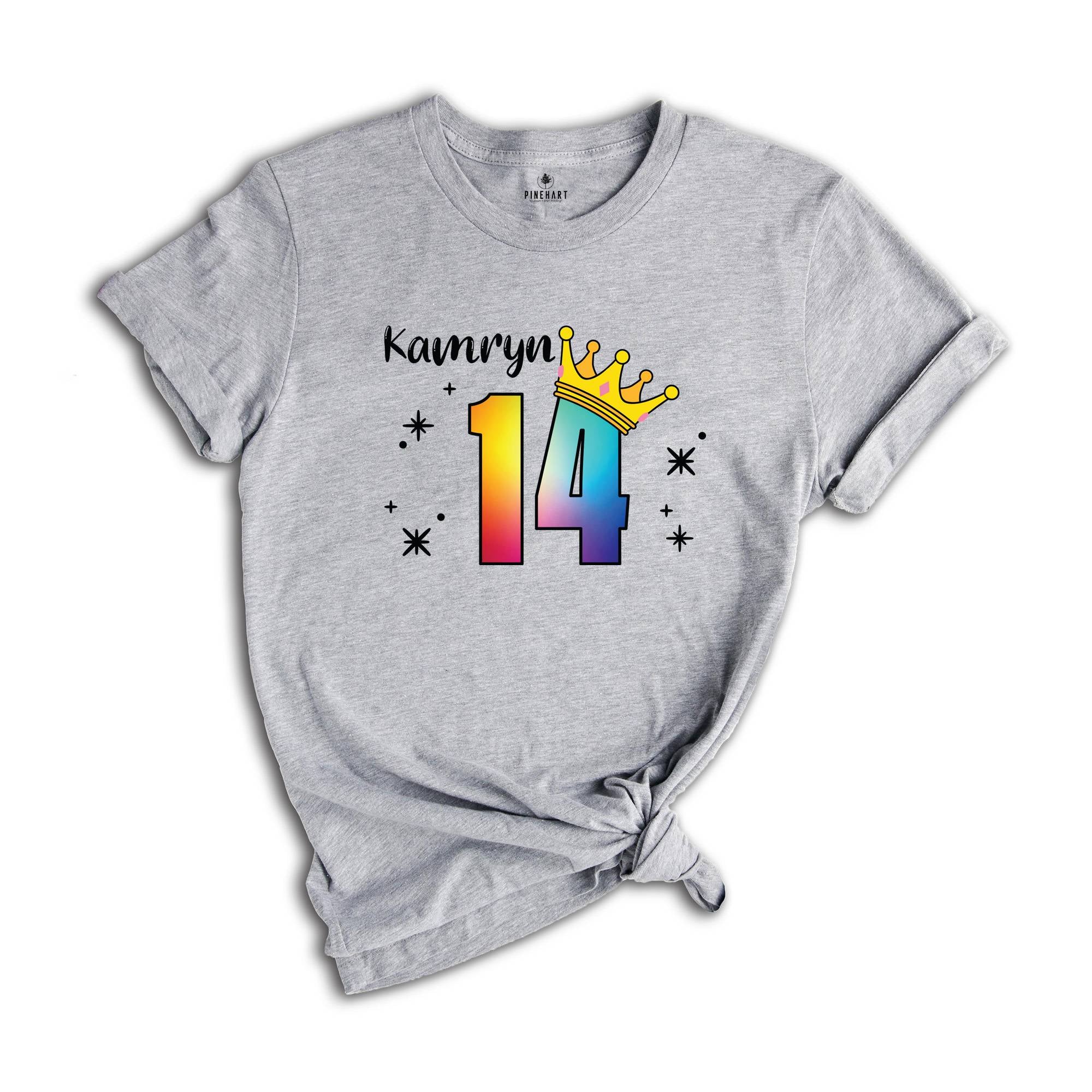 Personalized Names 14 Birthday Shirt, Crown 14th Birthday Shirt, Rainbow Birthday Shirt, Birthday Party Shirt, Toddler Birthday Shirt