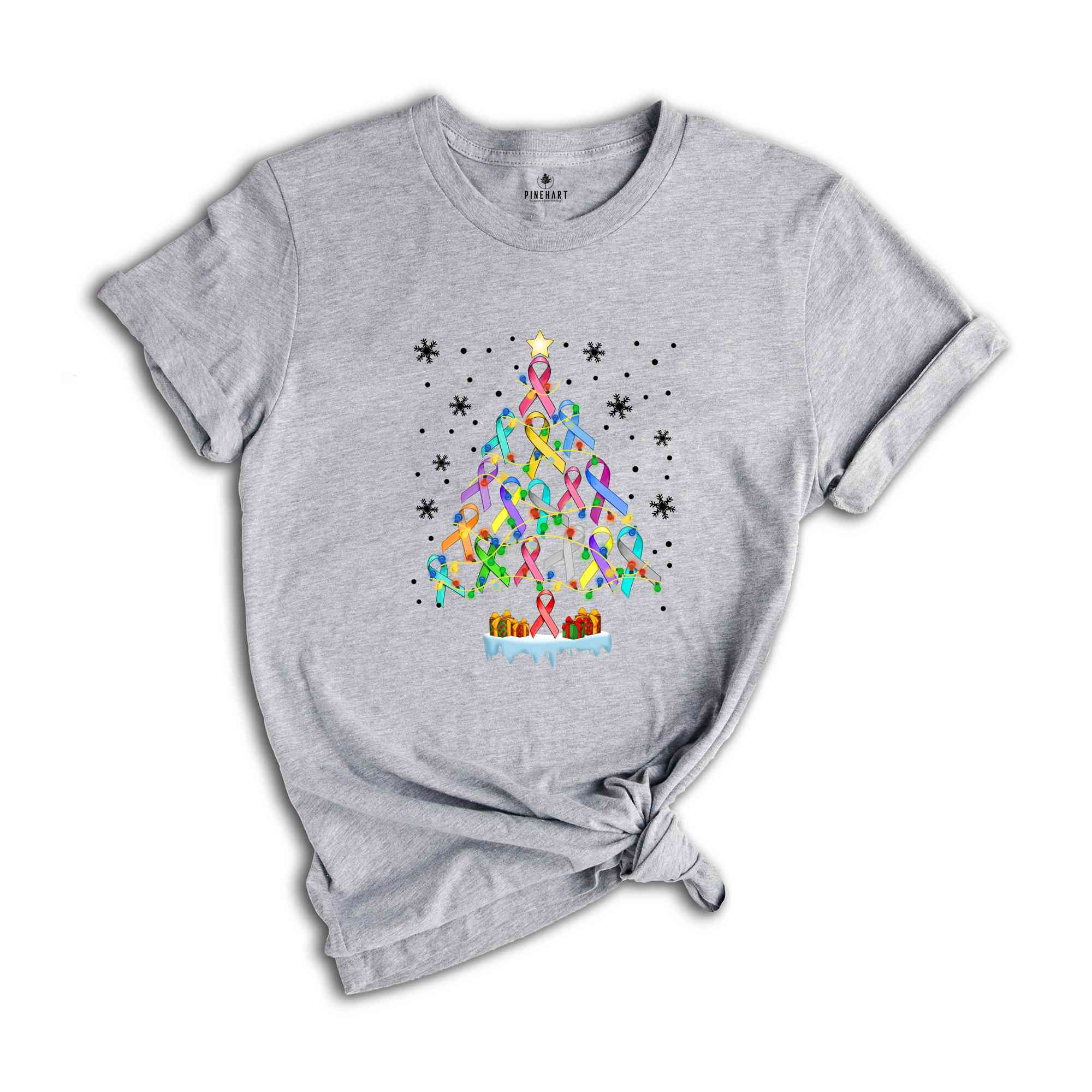 Christmas Cancer Awareness Tree T-Shirt, All Ribbons Shirt, Multicolored Ribbon Shirt, All About Cancer Tee, Christmas Awareness