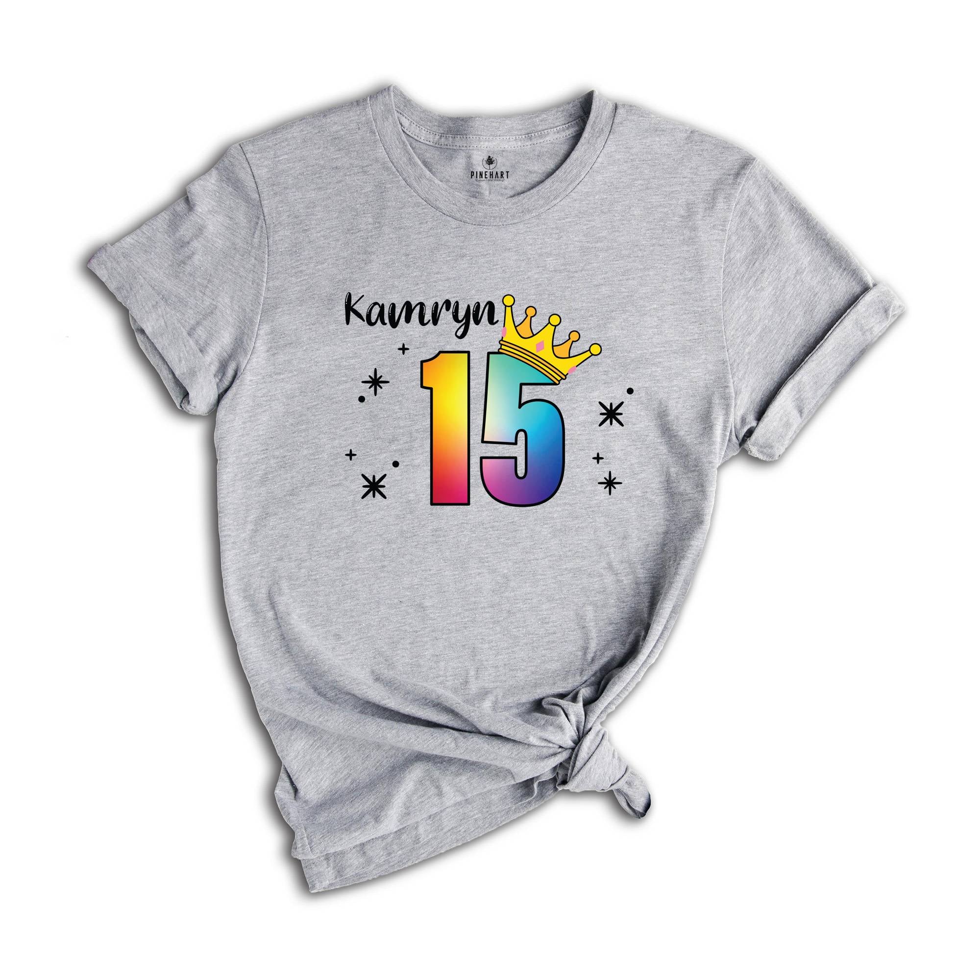 Personalized Names 15 Birthday Shirt, Crown 15th Birthday Shirt, Rainbow Birthday Shirt, Birthday Party Shirt, Toddler Birthday Shirt