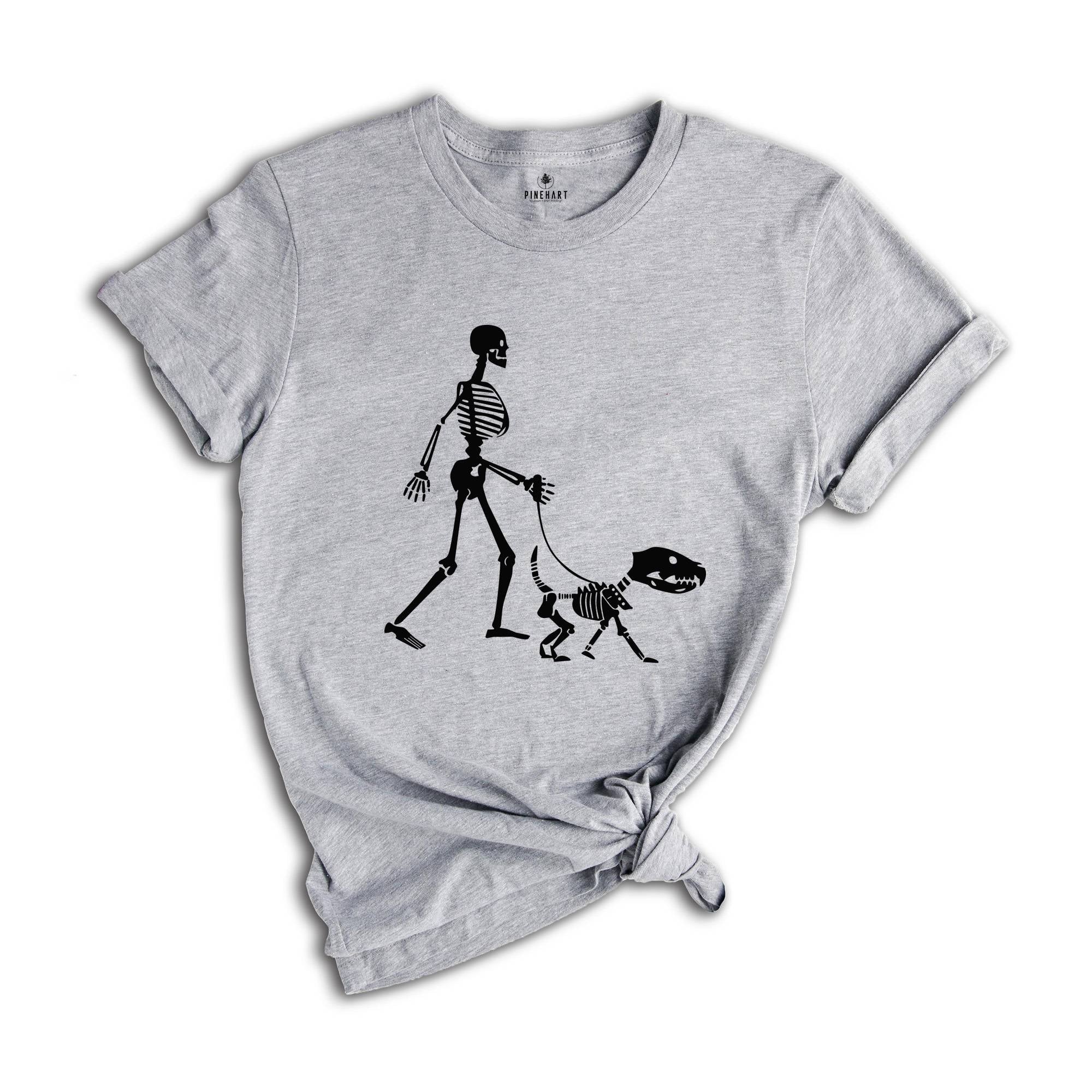 Walking The Dog Halloween T-Shirt, Funny Skeleton Shirt, Halloween Gift For Dog Owner, Funny Dog T-Shirt