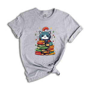 Cute Christmas Cat Shirt, Christmas Tree Shirt, Book Lover Christmas, Library Shirt, Christmas Gift, Christmas Party Shirt, Holiday Shirt