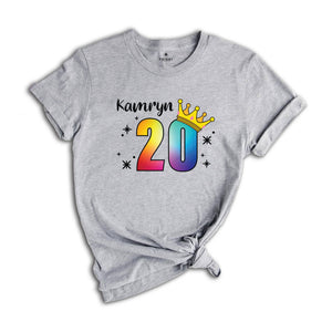 Personalized Names 20 Birthday Shirt, Crown 20th Birthday Shirt, Rainbow Birthday Shirt, Birthday Party Shirt, Toddler Birthday Shirt