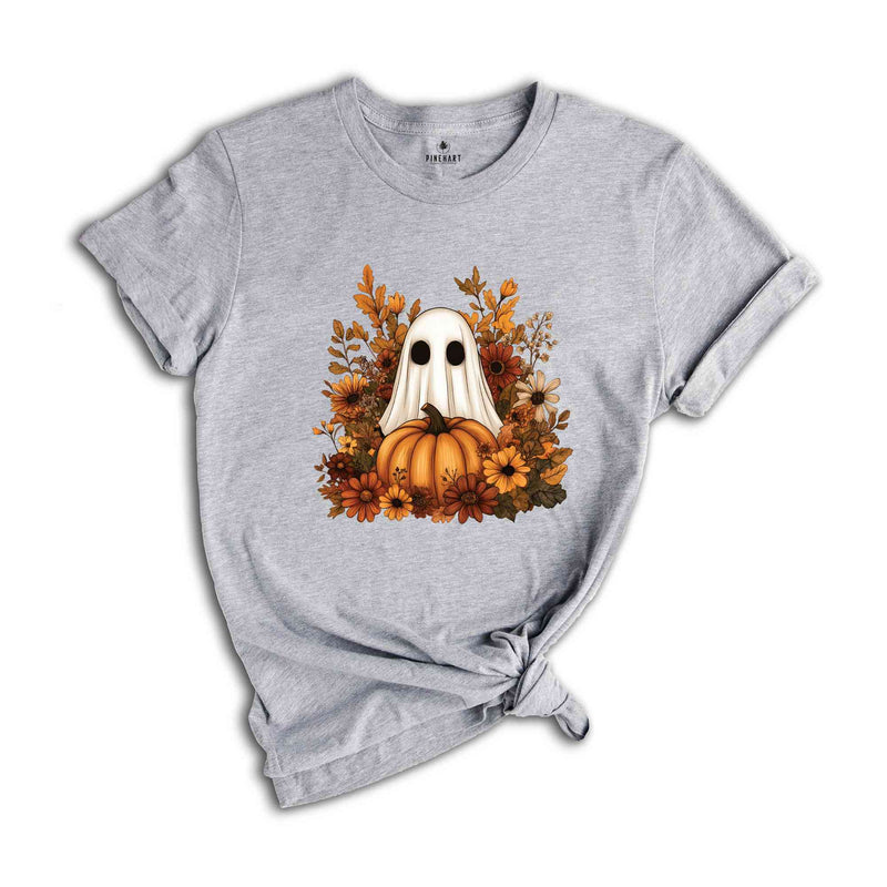 Ghost With Flowers And Pumpkin Shirt, Halloween Shirt, Floral Spooky Shirt, Ghost Shirt, Fall Flowers Shirt, Spooky Ghost Shirt, Spooky Tee