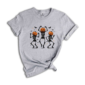 Dancing Skeleton Pumpkin Shirt, Retro Halloween Women's Shirt, Funny Fall Halloween Party Shirt, Spooky Season Skeleton Tee