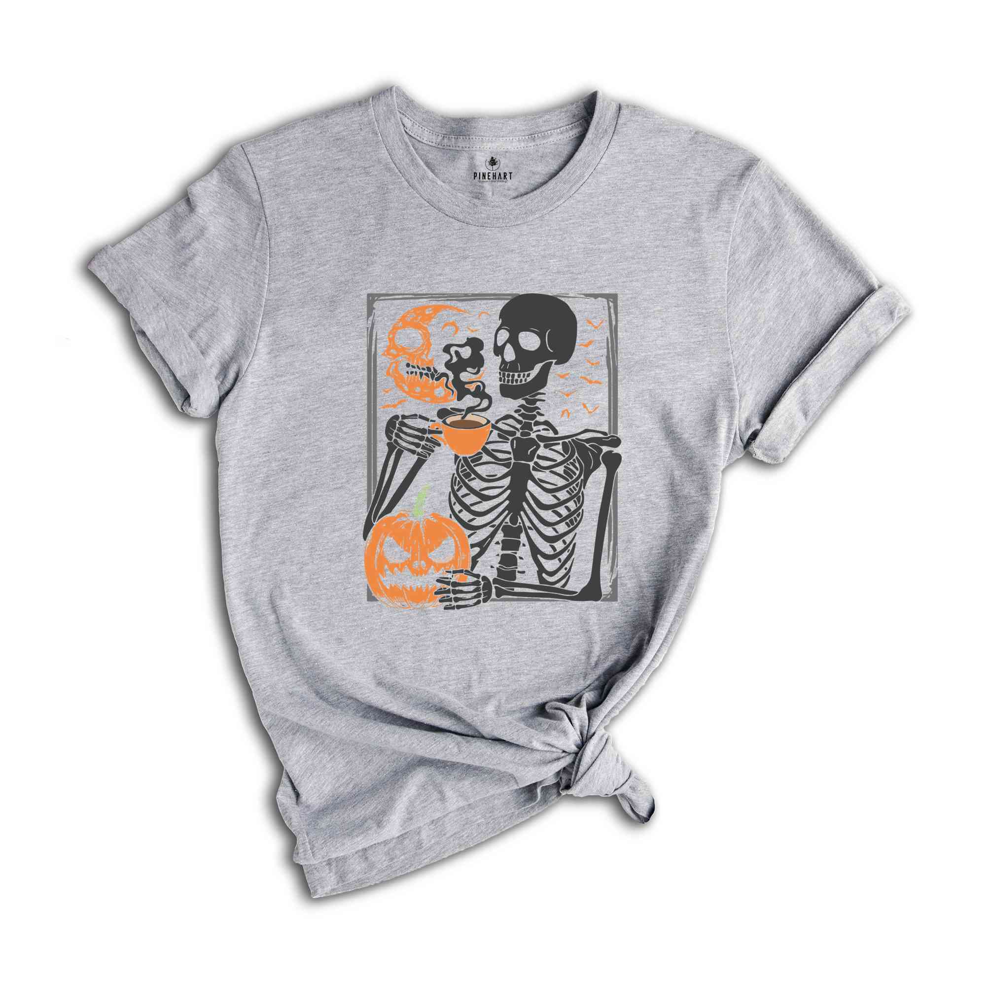 Skeleton Pumpkin T-Shirt, Coffee Lover Skeleton Shirt, Fall Coffee Shirt, Retro Halloween Shirt, Halloween Gifts For Coffee Lovers