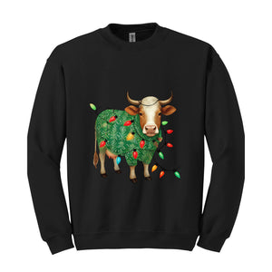 Cute Christmas Sweatshirt, Funny Christmas Cow Sweat, Christmas Lights Sweater, Cow Lover Xmas Gifts, Farm Christmas Sweatshirt