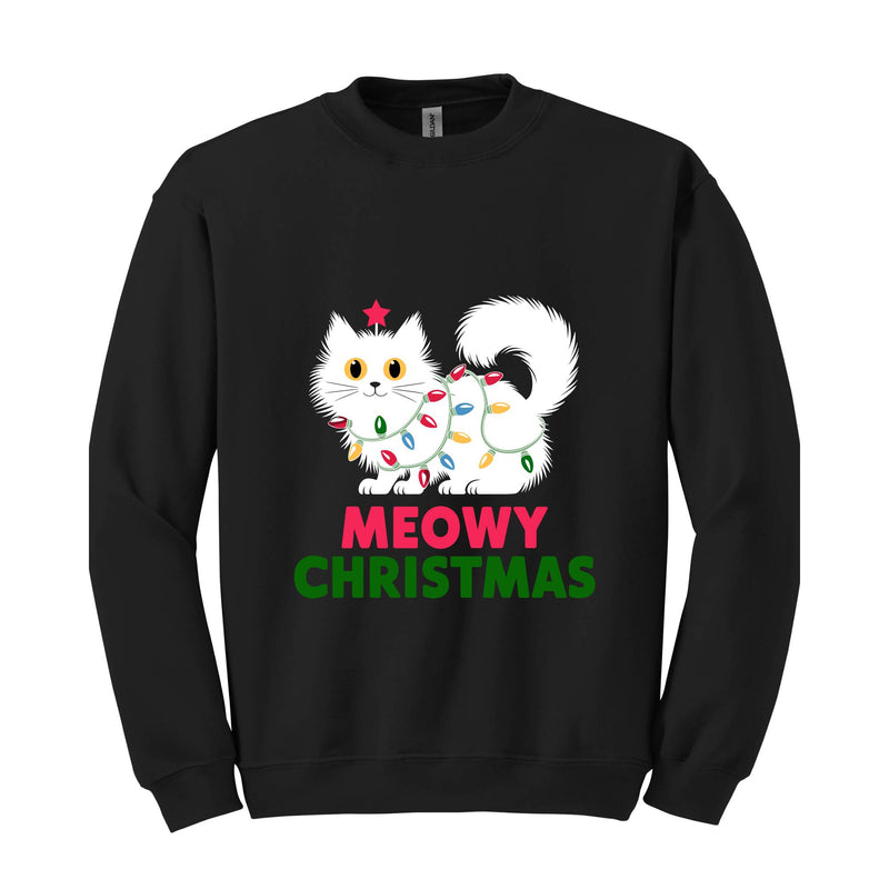 Meowy Christmas Cat Sweatshirt, Black Cat Christmas Hoodie, Cat Lover Tee, Cute Cat Hoodie, Christmas Lights Hoodie, Cat Lover Gift