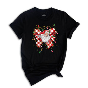 Christmas Coquette Bow Santa Shirt, Santa Christmas Shirt, Santa Claus Shirt, Christmas Lights Shirt, Cute Christmas Gift, Xmas Shirt