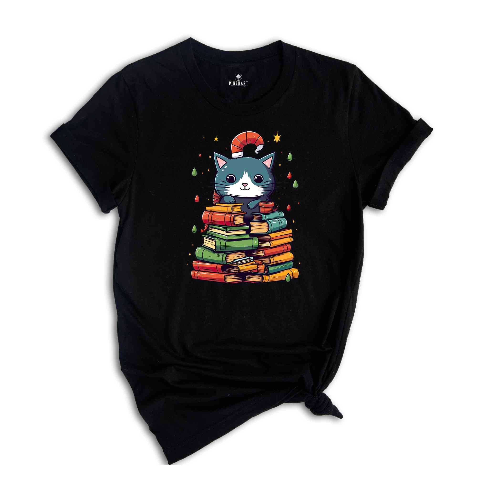 Cute Christmas Cat Shirt, Christmas Tree Shirt, Book Lover Christmas, Library Shirt, Christmas Gift, Christmas Party Shirt, Holiday Shirt