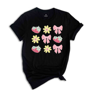 Summer Vibes Shirt, Floral Pink Bows Strawberry Shirt, Cute Summer Shirt, Summer Trendy Tee, Cottegecore Shirt