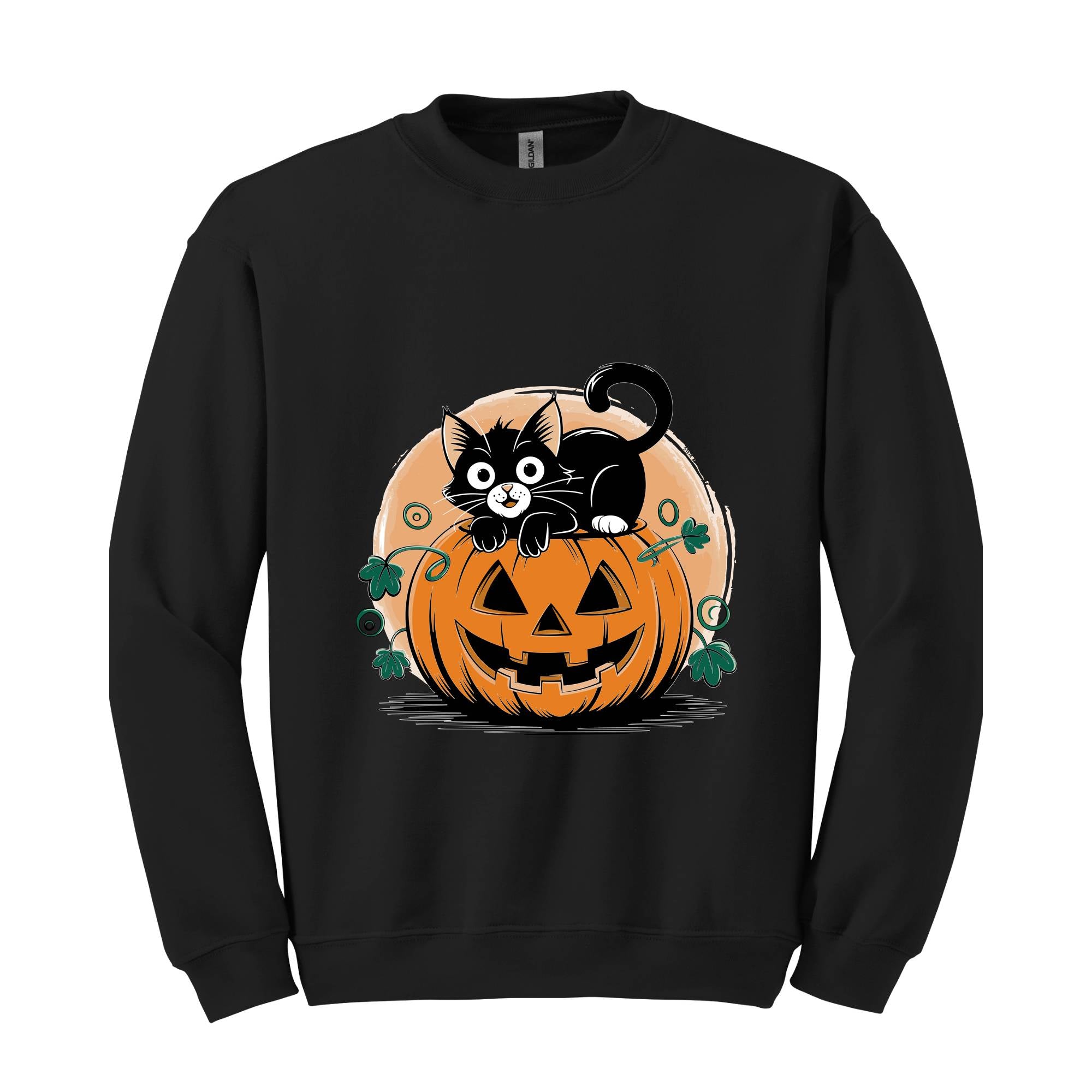 Black Cat Pumpkin Sweatshirt, Fall Shirt, Halloween Gift, Pumpkin Patch Sweatshirt, Black Cat Halloween Sweat, Retro Halloween Sweatshirt