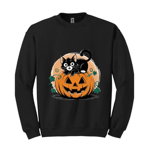 Black Cat Pumpkin Sweatshirt, Fall Shirt, Halloween Gift, Pumpkin Patch Sweatshirt, Black Cat Halloween Sweat, Retro Halloween Sweatshirt