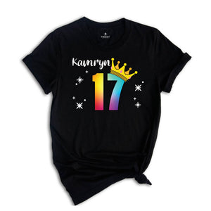 Personalized Names 17 Birthday Shirt, Crown 17th Birthday Shirt, Rainbow Birthday Shirt, Birthday Party Shirt, Toddler Birthday Shirt