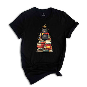 Christmas Cat Shirt, Book Tree Shirt, Cat Lover Shirt, Bookworm Shirt, Librarian Shirt, Christmas Gift, Christmas Party Shirt, Christmas Tee