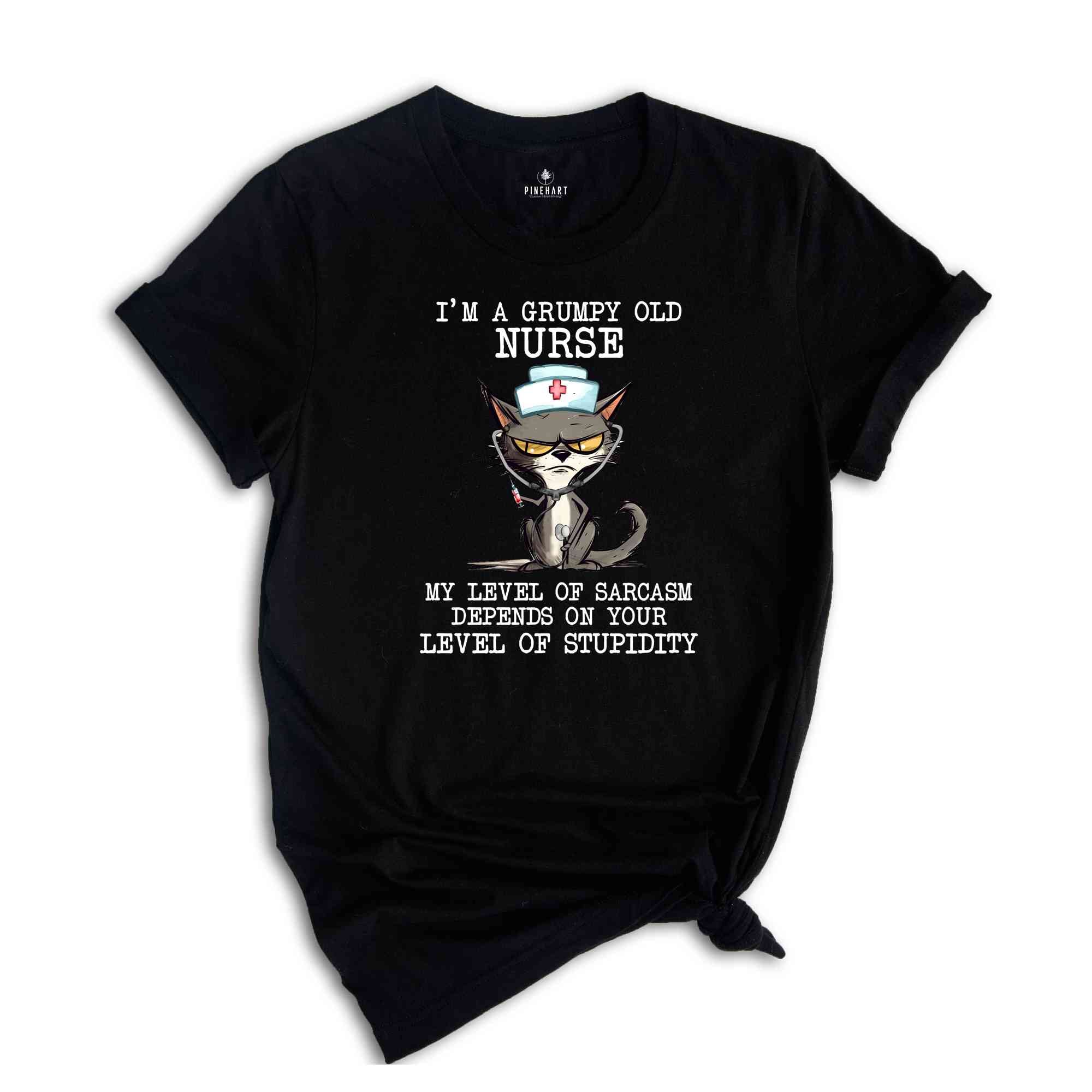 I'm A Grumpy Old Nurse My Level Of Sarcasm Depends On Your Level Of Stupidity Shirt, Cat Nurse Shirt, Medic Shirt