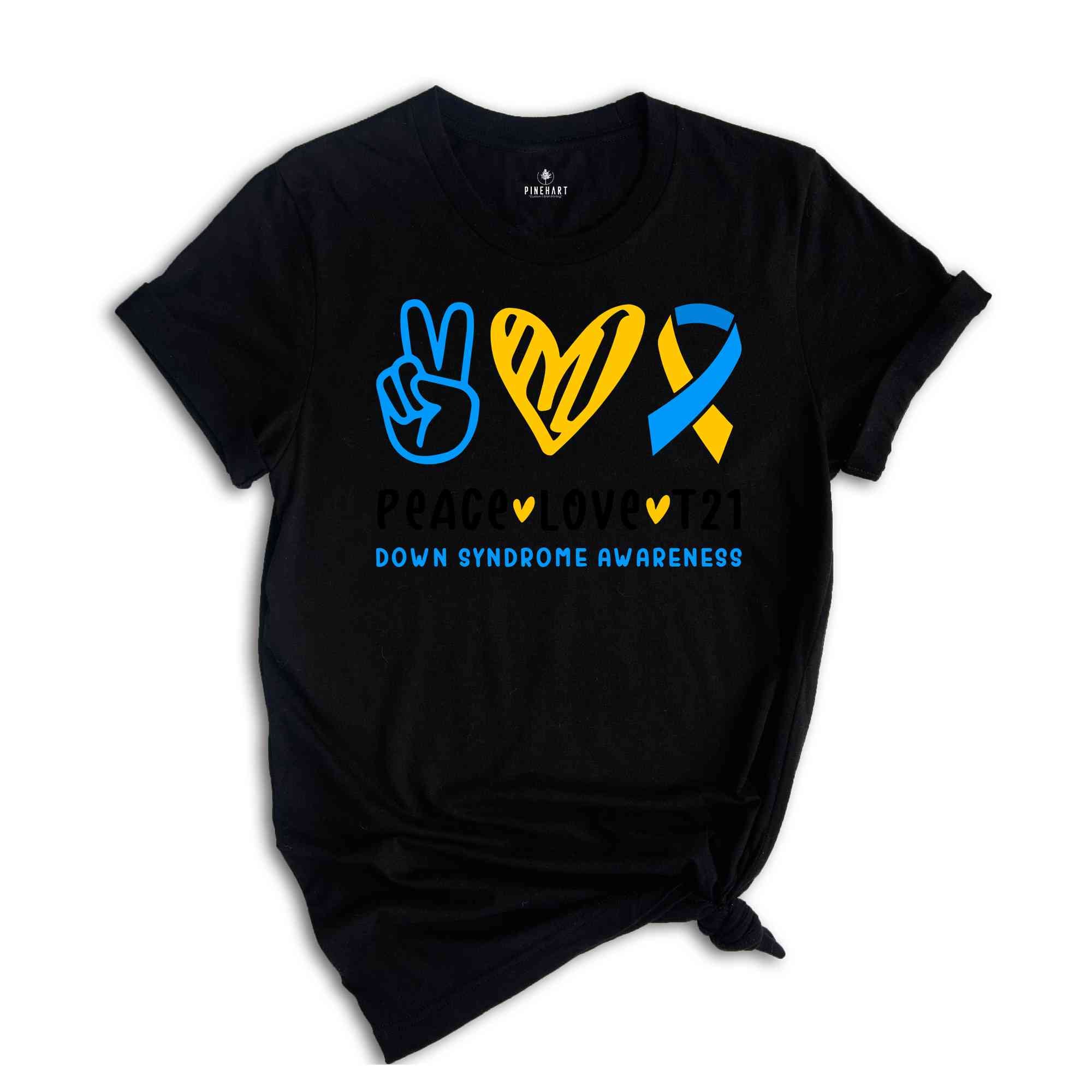 Peace Love T21 Down Syndrome Awareness Shirt, Support Shirt, Blue Yellow Ribbon, Extra Chromosome Shirt, Down Syndrome Shirt