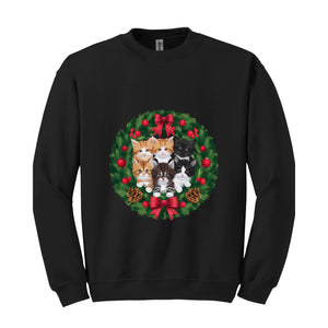 Retro Christmas Cat Wreath Sweatshirt, Vintage Holiday Sweater, Christmas Cats Sweatshirt, Cat Mom Christmas Sweater