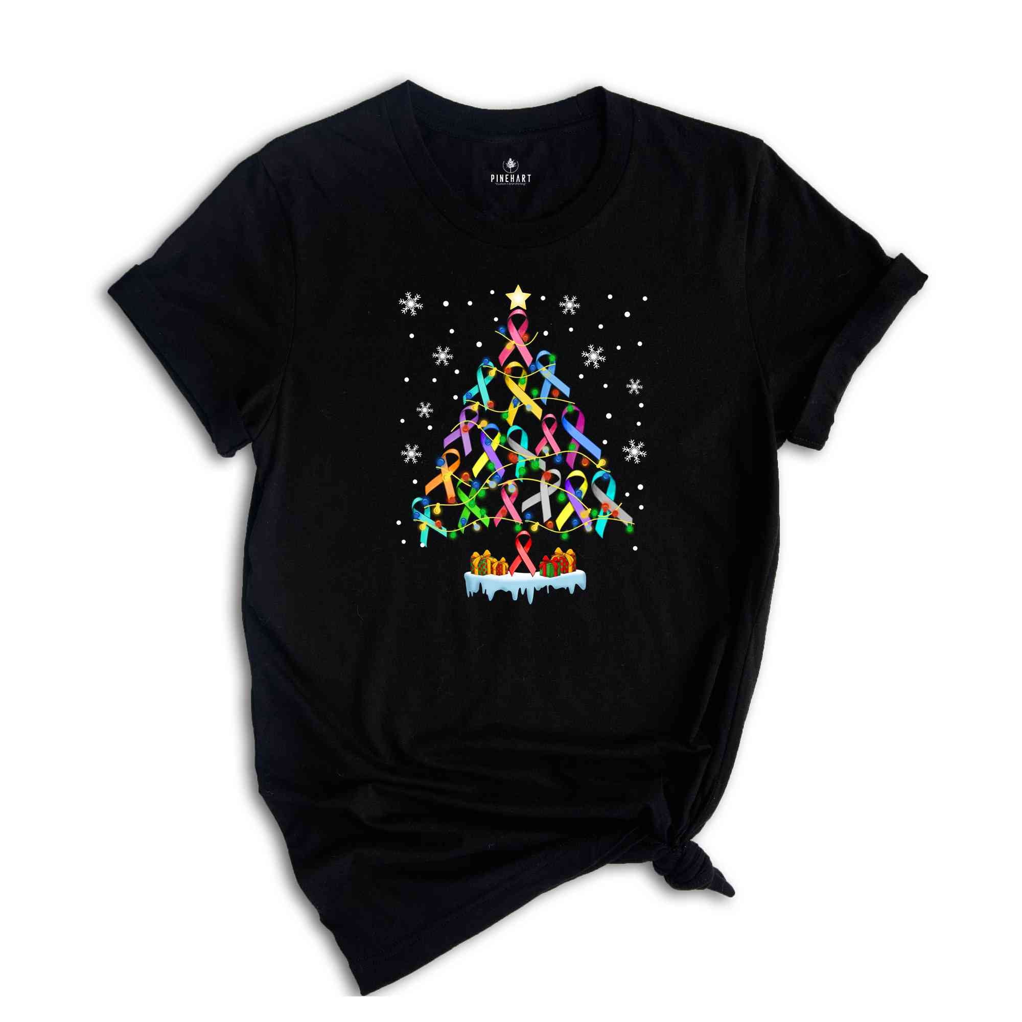 Christmas Cancer Awareness Tree T-Shirt, All Ribbons Shirt, Multicolored Ribbon Shirt, All About Cancer Tee, Christmas Awareness