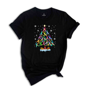 Christmas Cancer Awareness Tree T-Shirt, All Ribbons Shirt, Multicolored Ribbon Shirt, All About Cancer Tee, Christmas Awareness