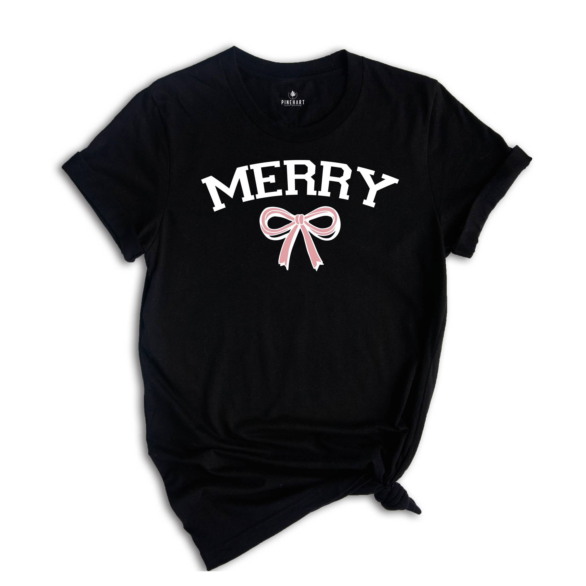 Merry Shirt, Merry Bow Shirt, Holiday Shirt, Gift for Mom, Preppy Christmas Shirt, Trendy Holiday Shirt, Christmas Tree Shirt