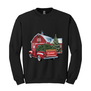 Christmas Sweatshirt, Old Red Barn, Old Red Truck Christmas Tree, Vintage Truck Sweatshirt