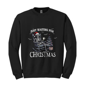 Just Waiting For Christmas Sweatshirt, Halloween Skeleton Sweater, Funny Halloween Crewneck, Skeleton Christmas Shirt, Spooky Season Shirt