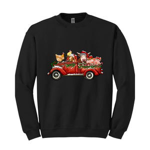 Farm Animals Christmas Truck Sweatshirt, Gifts For Farm Animal Lovers, Truck Xmas Lights Sweat, Farmer Christmas Outfit