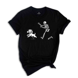 Halloween Skeleton Chasing Dog T-Shirt, Dog Lover Gifts, Funny Skeleton Shirts, Halloween Skeleton Shirt, Spooky Season Tee