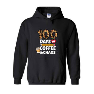 100 Days of Coffee and Chaos Hoodie, Funny Teacher Hoodie, Leopard 100th Day of School Celebration Hoodie, Teacher Life Hoodie