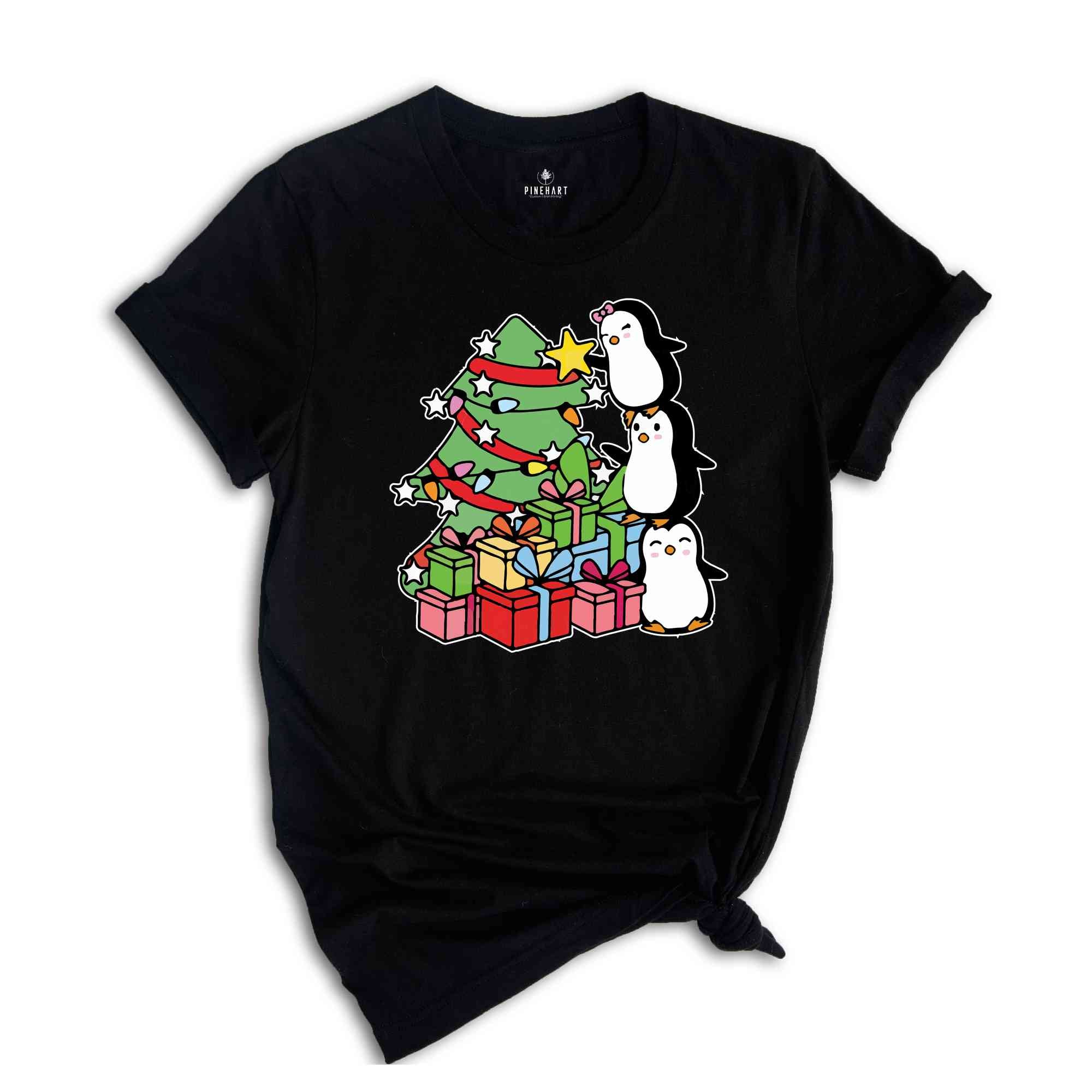 Christmas Tree Penguin Shirt, Cute Christmas Tee, Christmas Gift, Penguin In Santa Hat, Cute Penguin T-Shirt, Christmas Tree Tee