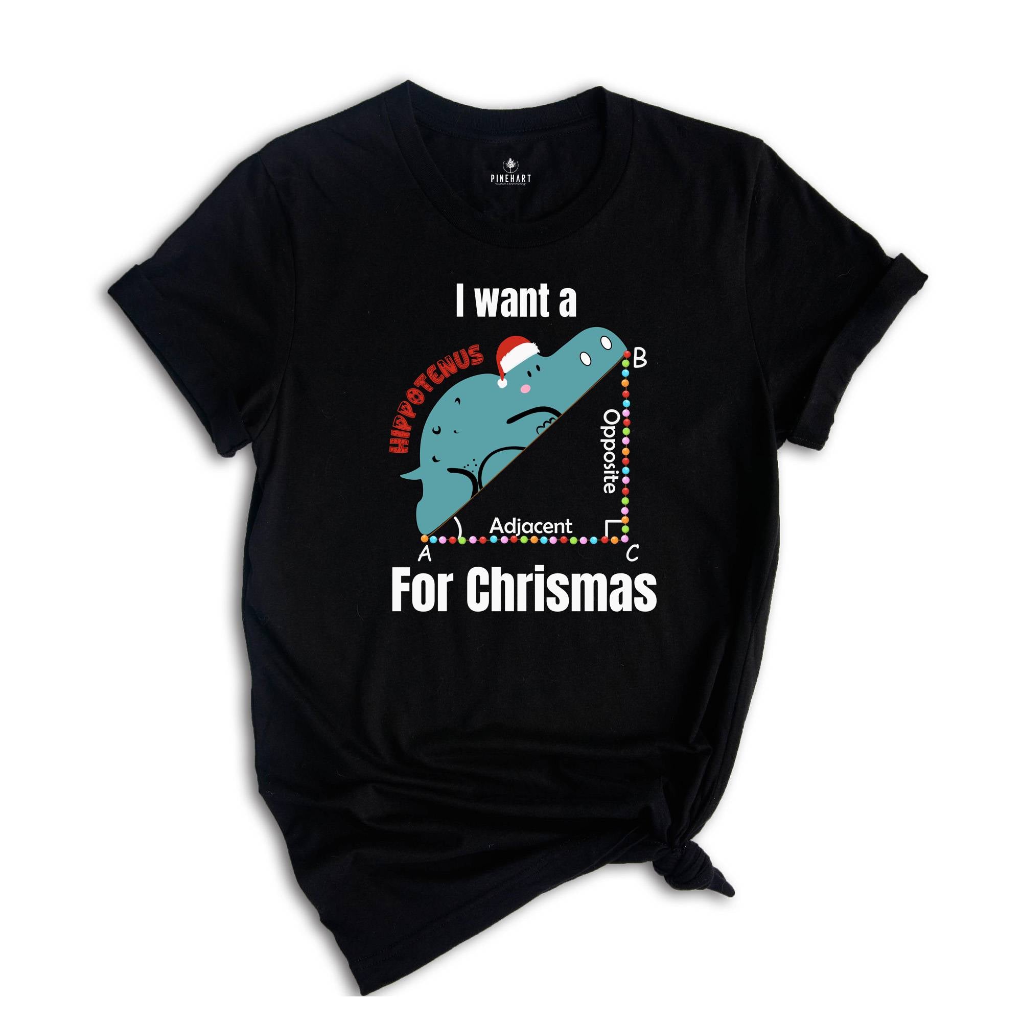 I Want A Hippopotenuse For Christmas T-Shirt, Funny Geometry Tee, Christmas Math Teacher Gift, Geometree Shirt, Cute Christmas Animal Shirt