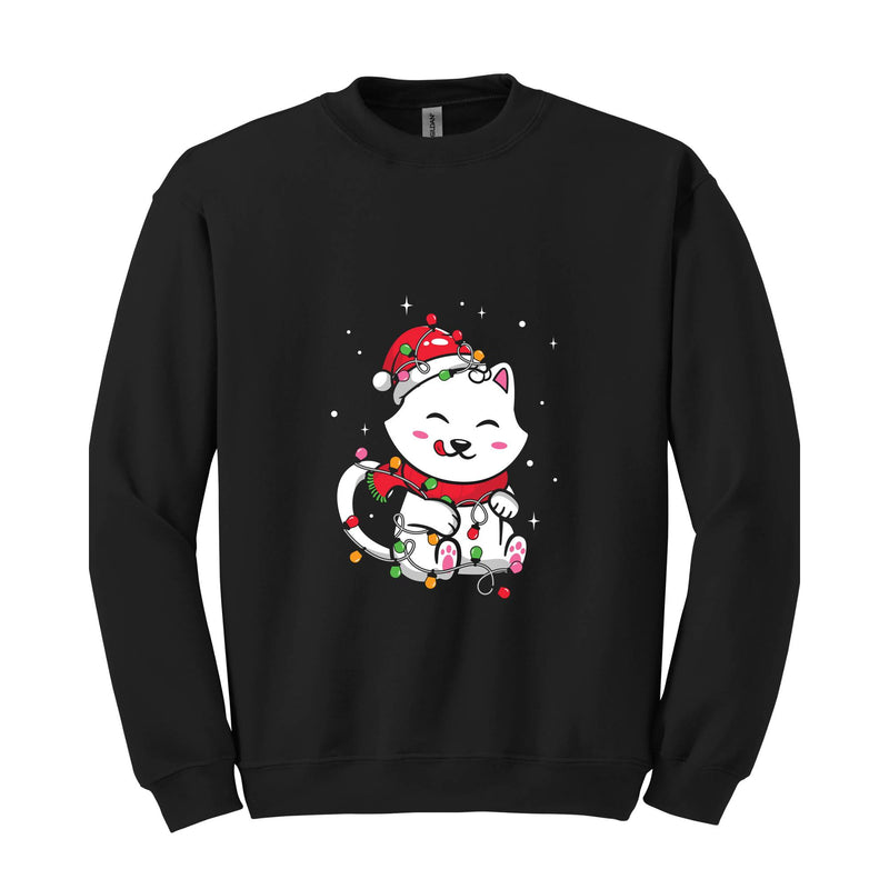 Christmas Lights Cat Sweatshirt, Christmas Cat Mom, Cat Lover Sweatshirt, Meowy Christmas Sweater, Santa Cat